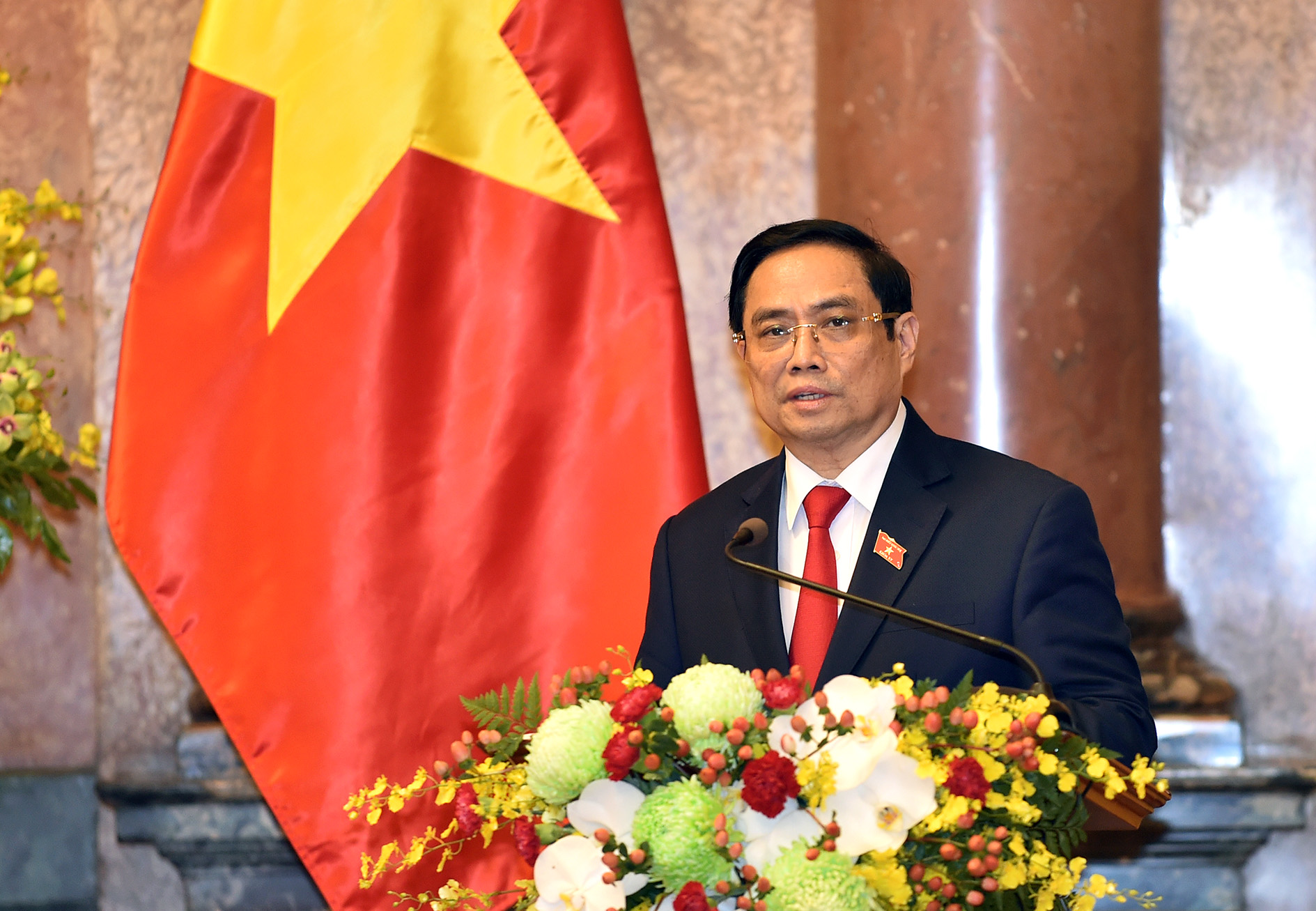 Thủ tướng Chính phủ Phạm Minh Chính phát biểu tại Lễ công bố thành viên Chính phủ nhiệm kỳ Quốc hội khóa XV, chiều ngày 28/7. Ảnh: VGP/Nhật Bắc              