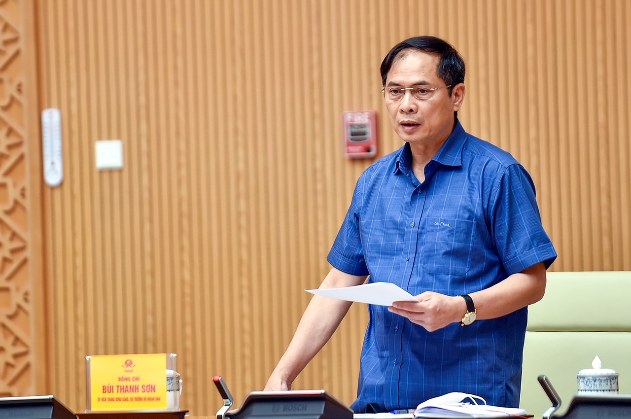 Bộ trưởng Ngoại giao Bùi Thanh Sơn phát biểu ý kiến tại cuộc họp. Ảnh: VGP/Nhật Bắc
