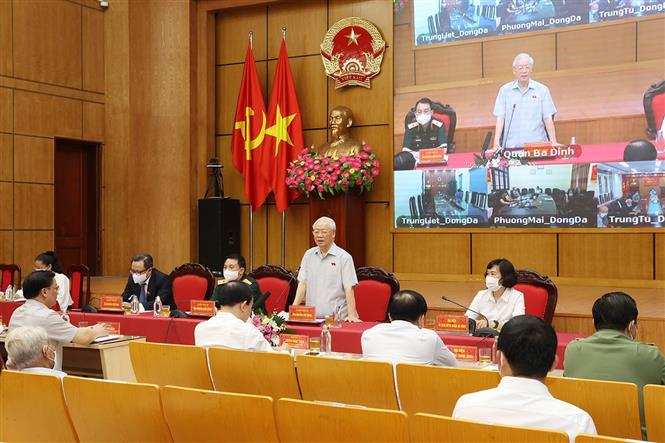 Tổng Bí thư Nguyễn Phú Trọng phát biểu tại hội nghị tiếp xúc cử tri TP. Hà Nội. Ảnh: Hà Nội Mới              