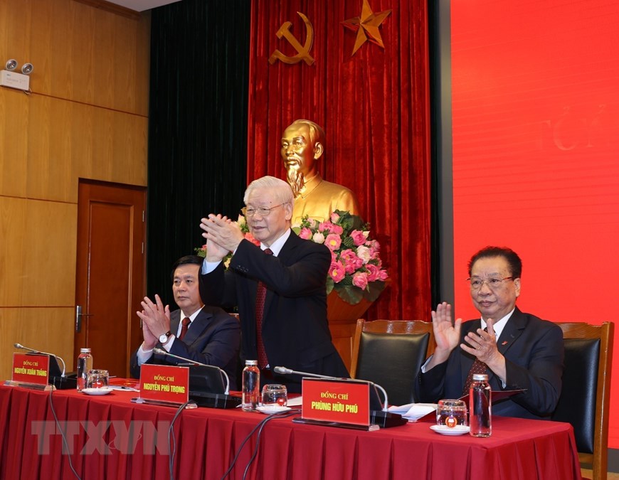 Tổng Bí thư Nguyễn Phú Trọng đến dự và phát biểu chỉ đạo hội nghị. Ảnh TTXVN              